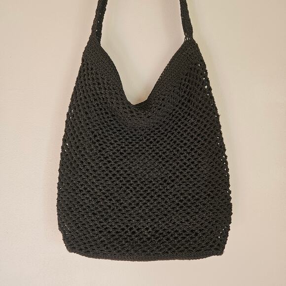 Sonoma Crochet Shoulder Bag Black Knit Tote Purse Floral Applique Boho Cottage - Picture 4 of 14